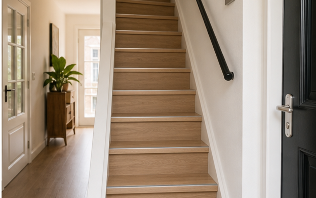 Gerenoveerde trap met eikenhouten overzettreden in een Nederlandse woning