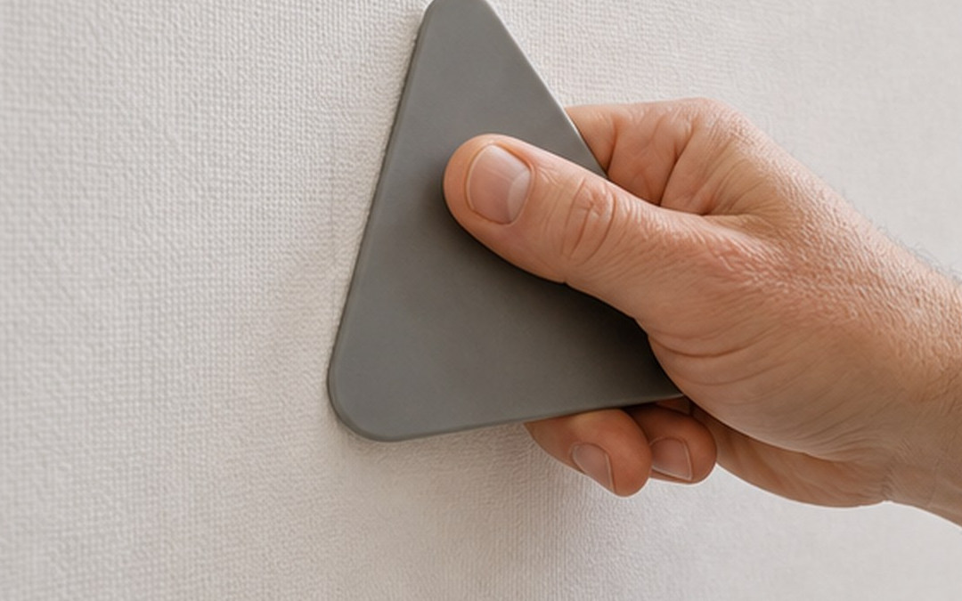 Hand repareert een losse naad in renovlies behang met een plamuurmes