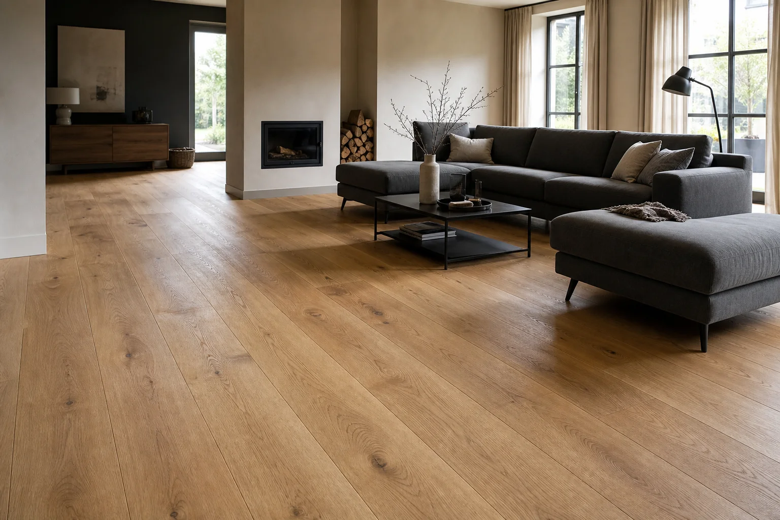 Brede natuurlijke eikenhouten vloer in een warme moderne woonkamer